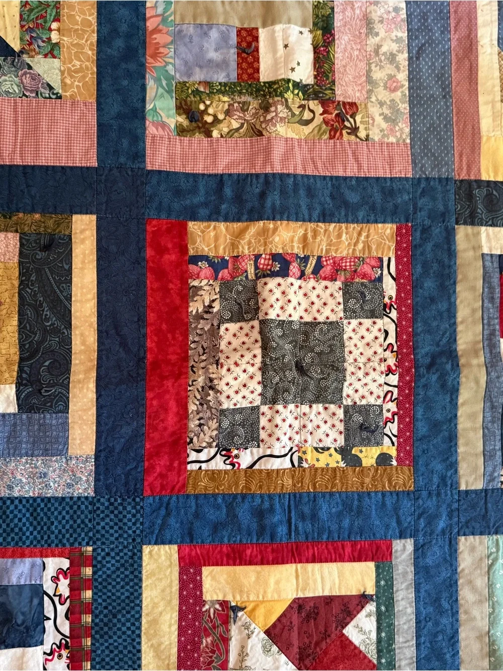 Handmade Patchwork Quilt 43”x 43” Throw in Blue and Multicolor